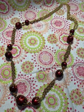 Vintage Mid-Century Ruby Red Lucite & Gold Tone Filigree Bead Necklace